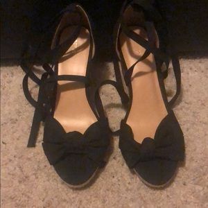 Black peep toe lace up wedges